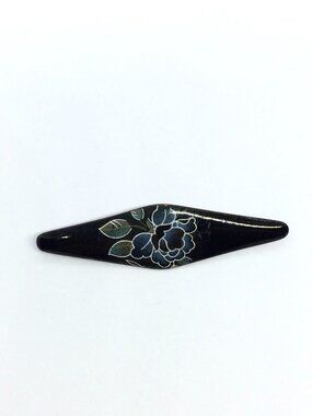 VINTAGE BLACK FLORAL Brooch Lacquer Look Long Pin Mid Century